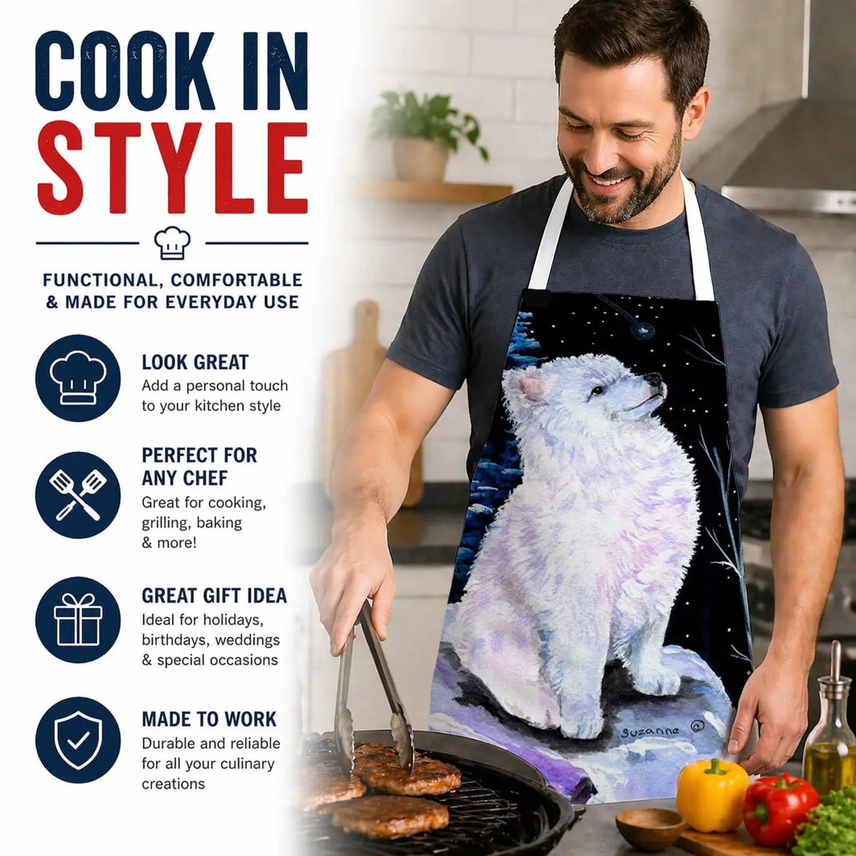 Kitchen Apron | Bib Style Unisex | 27"W x 30"H | Starry Night American Eskimo
