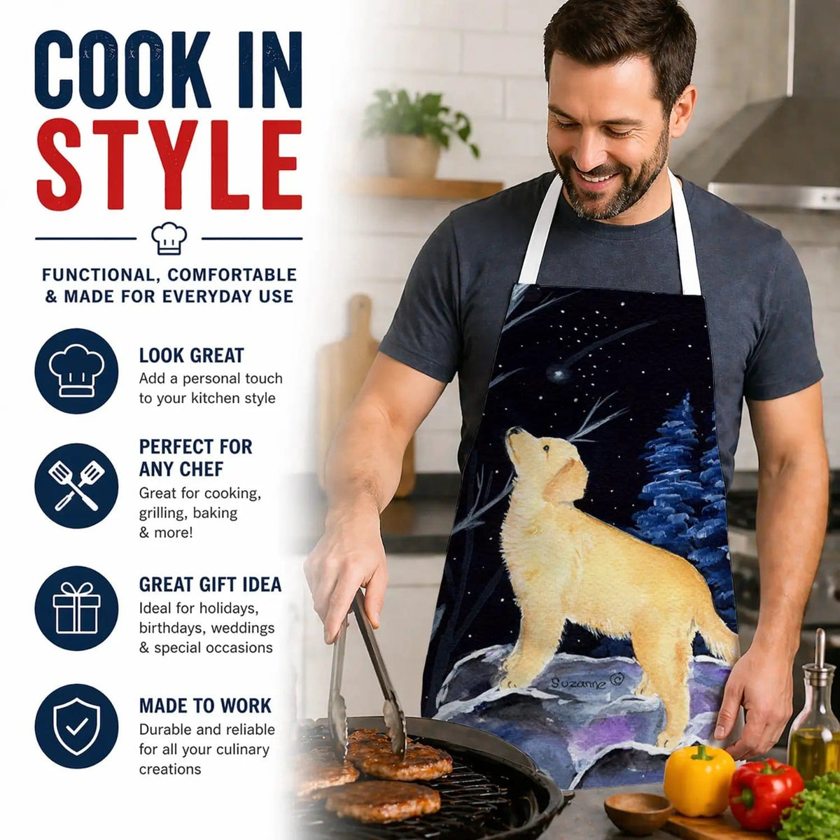 Kitchen Apron | Bib Style Unisex | 27"W x 30"H | Starry Night Golden Retriever