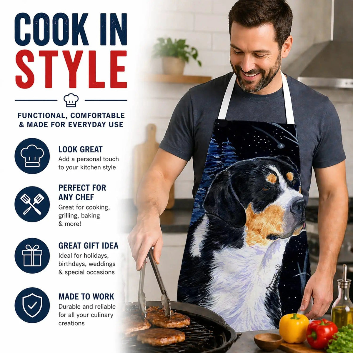 Kitchen Apron | Bib Style Unisex | 27"W x 30"H | Starry Night Bernese Mountain Dog
