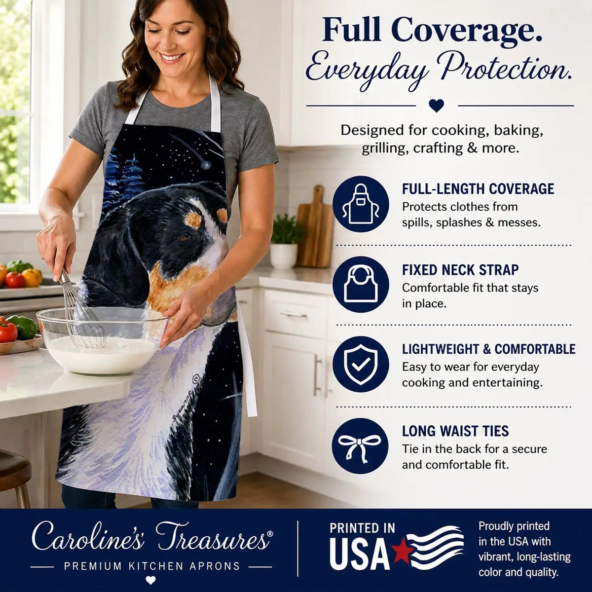 Kitchen Apron | Bib Style Unisex | 27"W x 30"H | Starry Night Bernese Mountain Dog