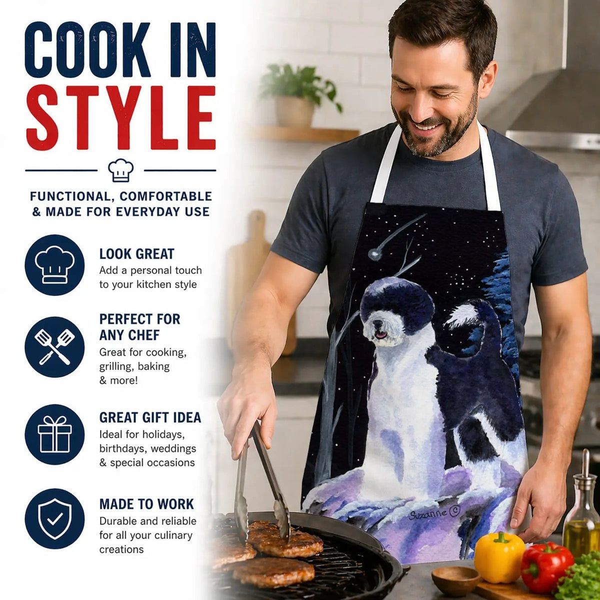 Kitchen Apron | Bib Style Unisex | 27"W x 30"H | Starry Night Portuguese Water Dog