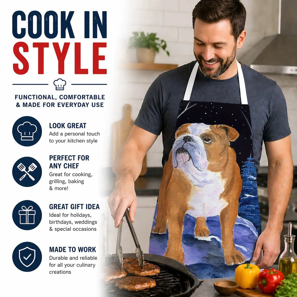 Kitchen Apron | Bib Style Unisex | 27"W x 30"H | Starry Night English Bulldog