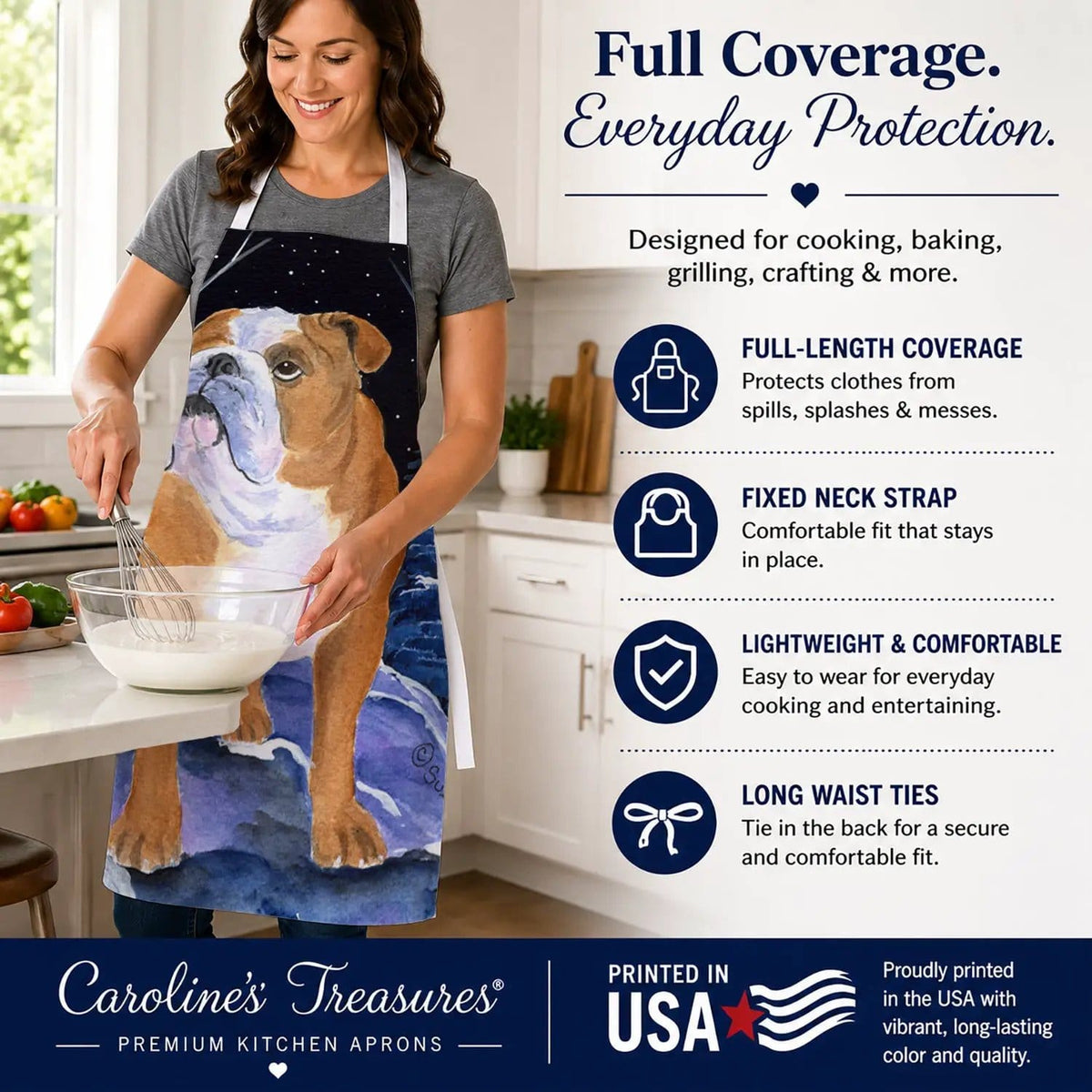 Kitchen Apron | Bib Style Unisex | 27"W x 30"H | Starry Night English Bulldog