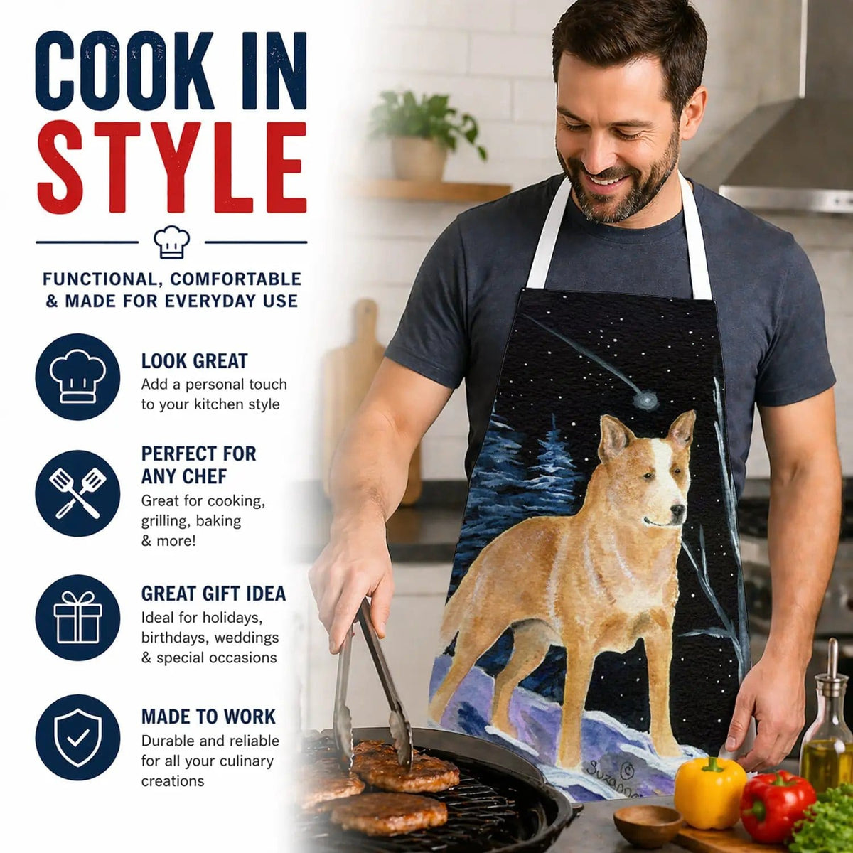 Kitchen Apron | Bib Style Unisex | 27"W x 30"H | Starry Night Australian Cattle Dog