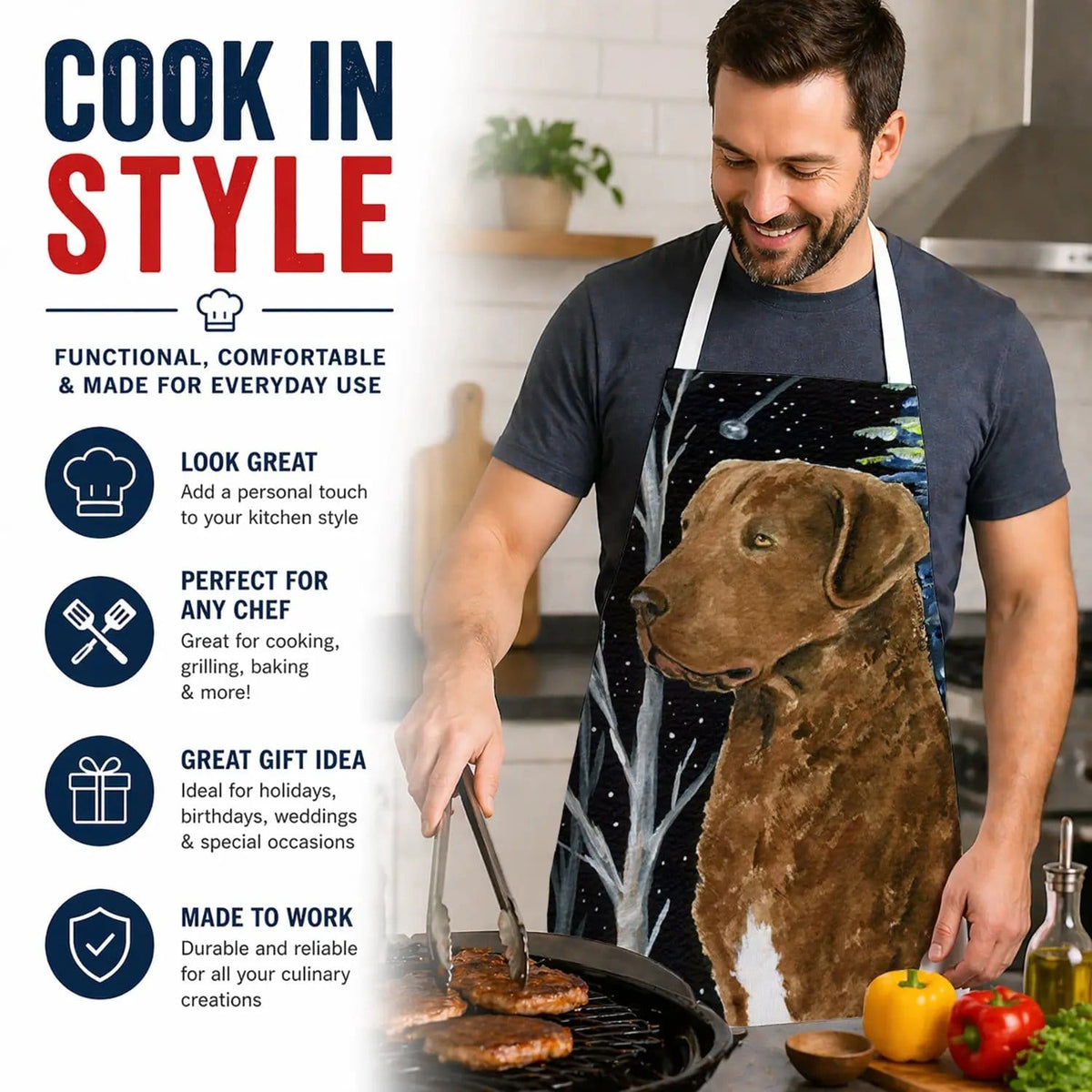 Kitchen Apron | Bib Style Unisex | 27"W x 30"H | Starry Night Chesapeake Bay Retriever (Style 2)
