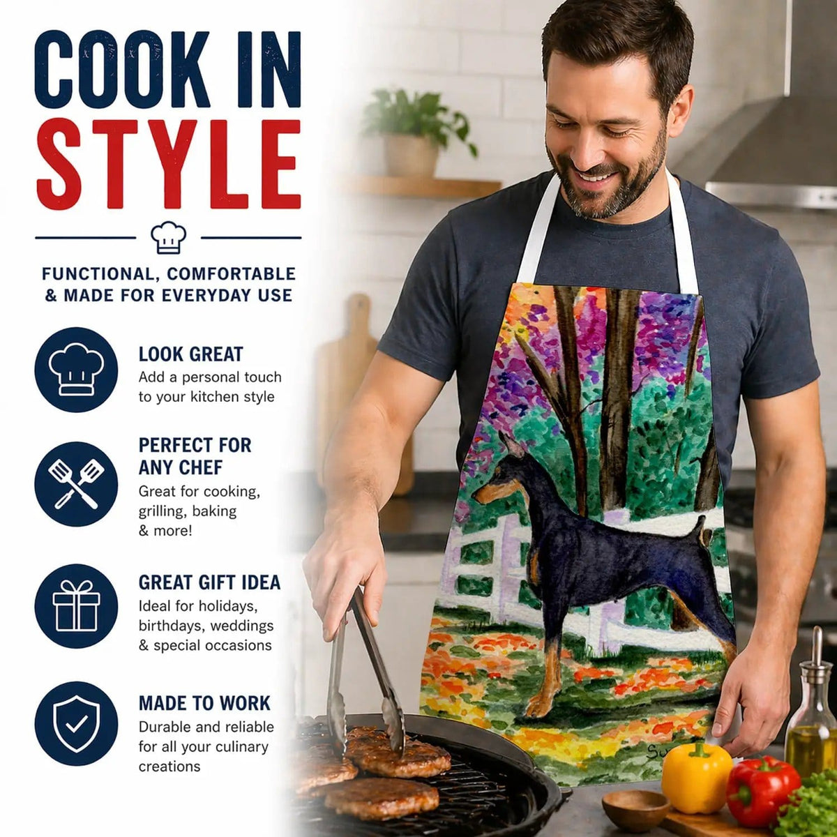 Kitchen Apron | Bib Style Unisex | 27"W x 30"H | Doberman (Style 2)
