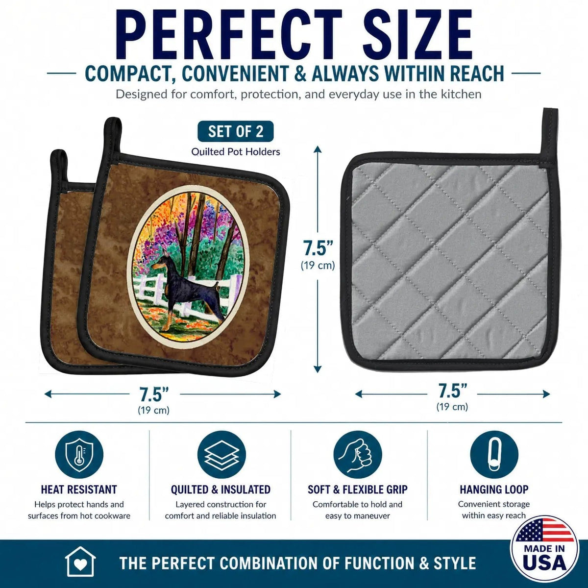 Pot Holder Set of 2 | Heat Resistant Quilted Hot Pads | 7.5 x 7.5 Inch | Doberman (Style 7)