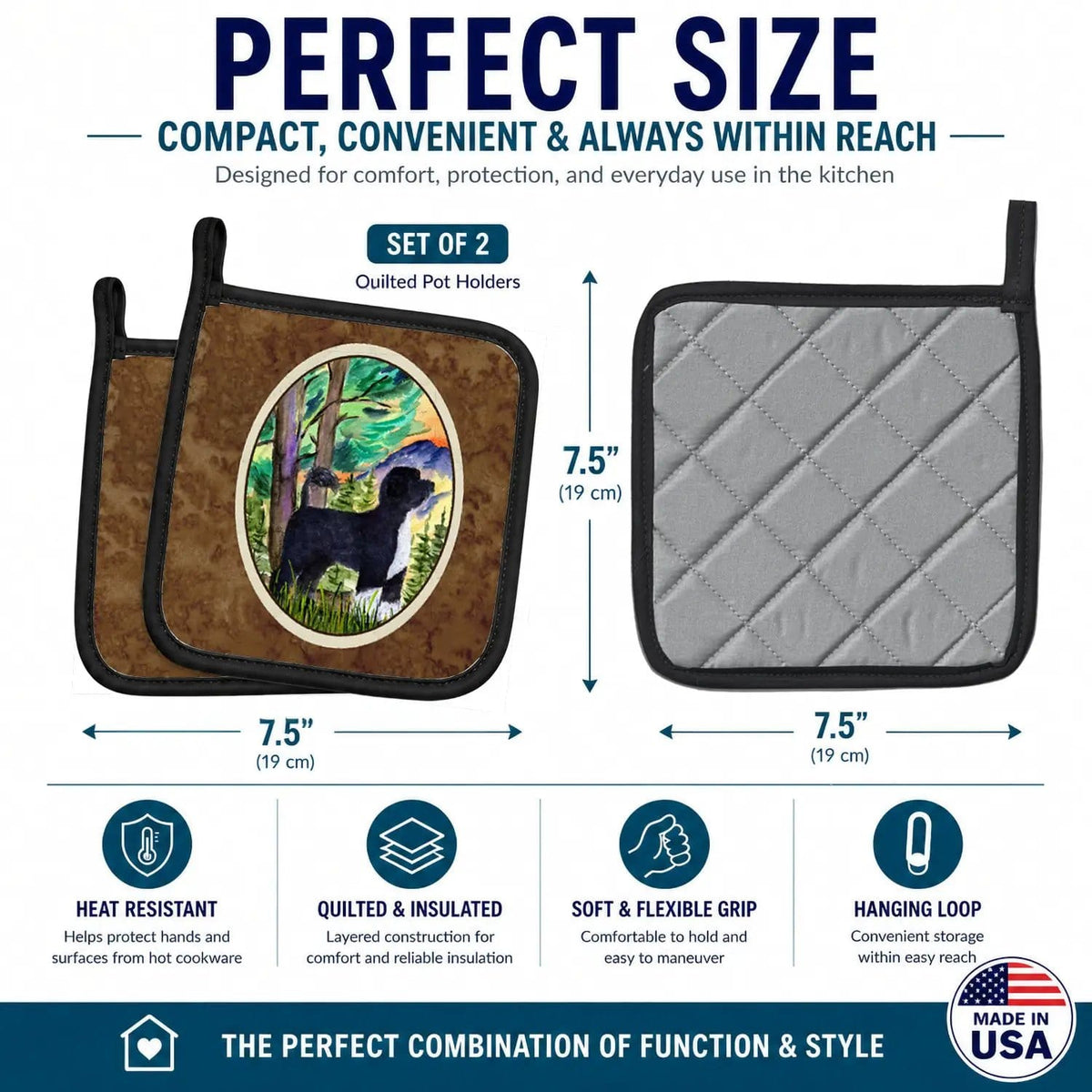 Pot Holder Set of 2 | Heat Resistant Quilted Hot Pads | 7.5 x 7.5 Inch | Portuguese Water Dog (Style 5)