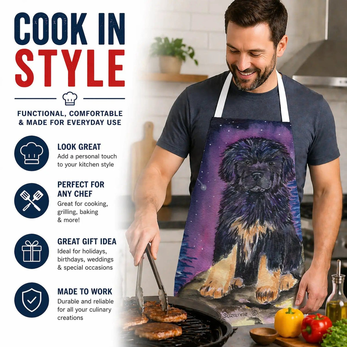 Kitchen Apron | Bib Style Unisex | 27"W x 30"H | Starry Night Tibetan Mastiff