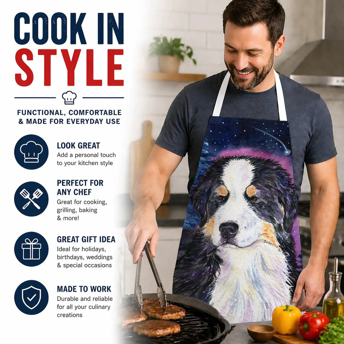 Kitchen Apron | Bib Style Unisex | 27"W x 30"H | Starry Night Bernese Mountain Dog (Style 2)