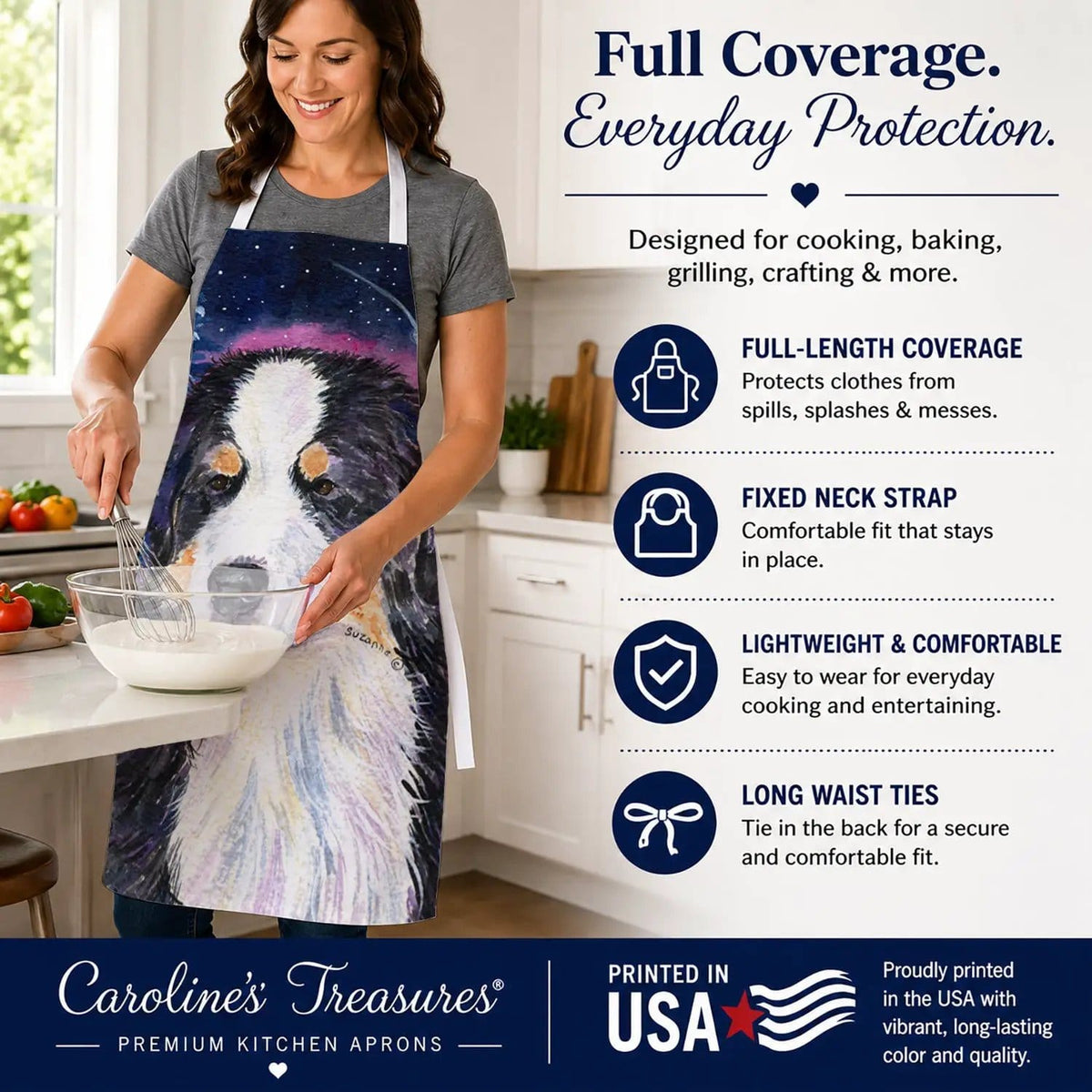 Kitchen Apron | Bib Style Unisex | 27"W x 30"H | Starry Night Bernese Mountain Dog (Style 2)