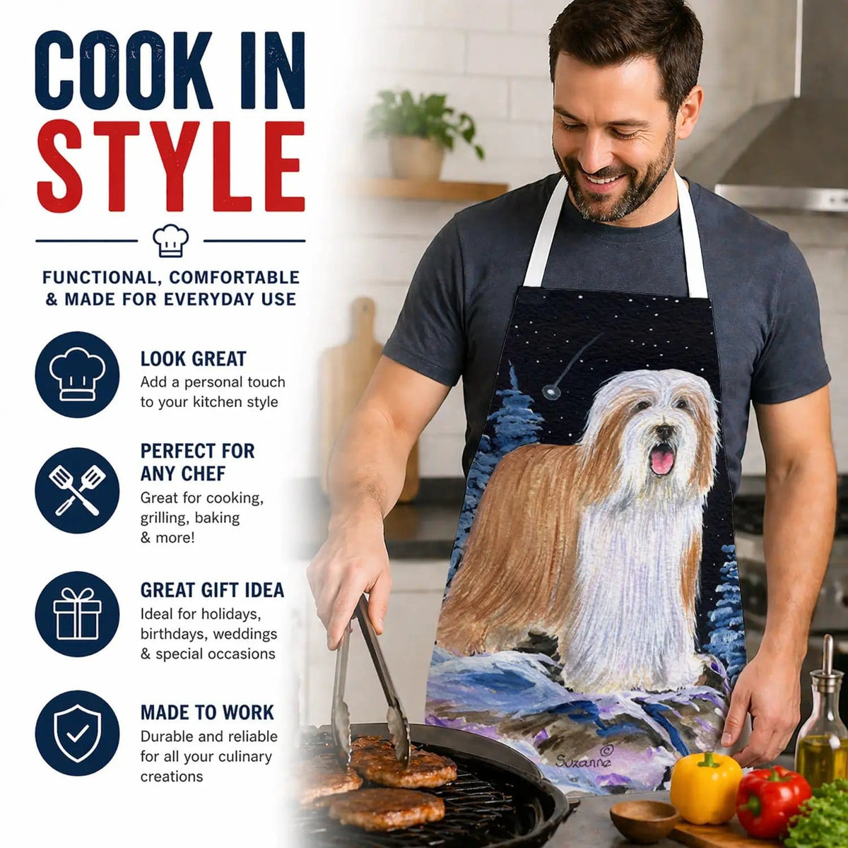 Kitchen Apron | Bib Style Unisex | 27"W x 30"H | Starry Night Bearded Collie