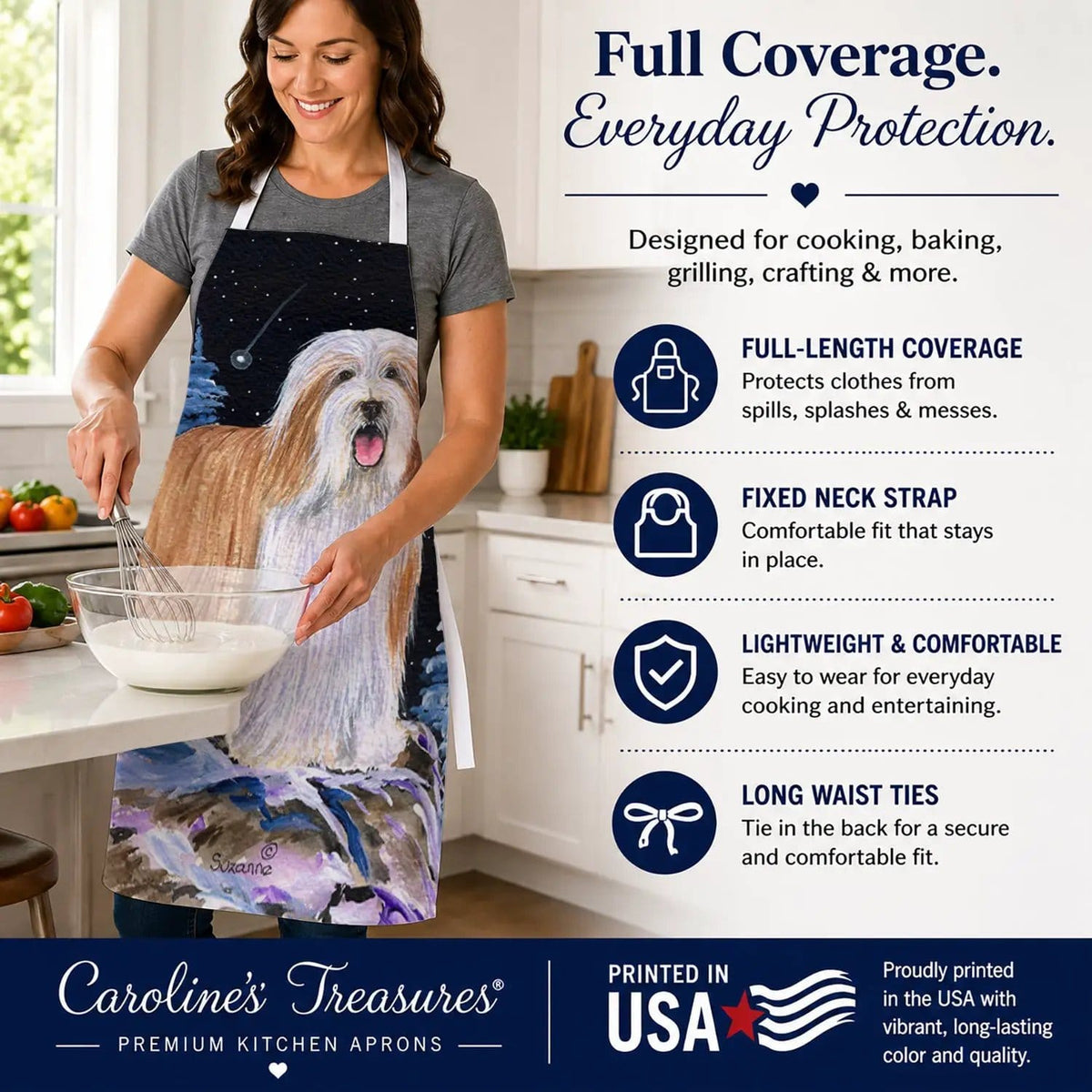 Kitchen Apron | Bib Style Unisex | 27"W x 30"H | Starry Night Bearded Collie