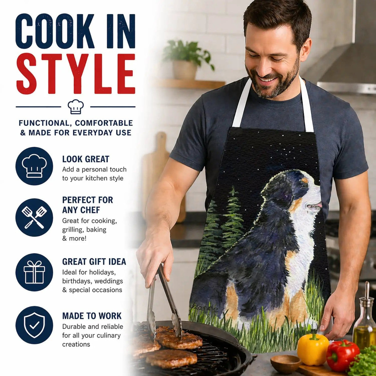 Kitchen Apron | Bib Style Unisex | 27"W x 30"H | Starry Night Bernese Mountain Dog (Style 4)