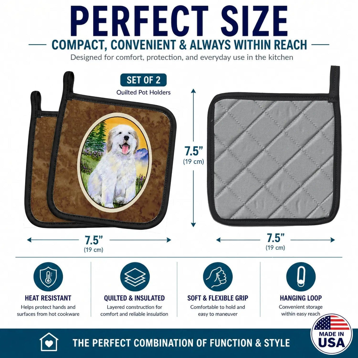Pot Holder Set of 2 | Heat Resistant Quilted Hot Pads | 7.5 x 7.5 Inch | Great Pyrenees