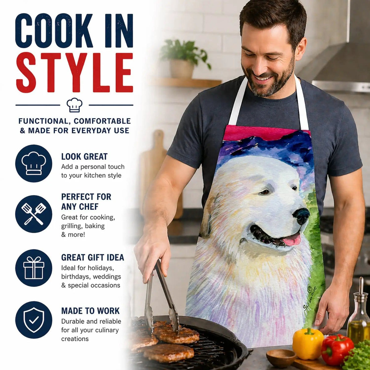 Kitchen Apron | Bib Style Unisex | 27"W x 30"H | Great Pyrenees