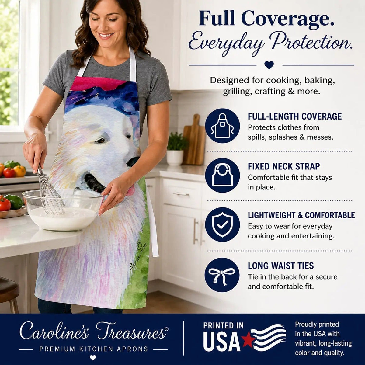 Kitchen Apron | Bib Style Unisex | 27"W x 30"H | Great Pyrenees