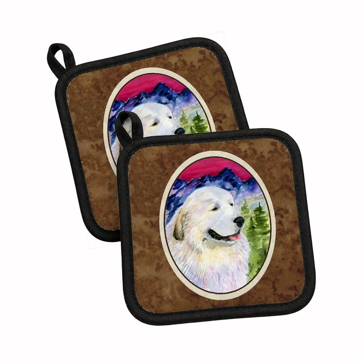 Pot Holder Set of 2 | Heat Resistant Quilted Hot Pads | 7.5 x 7.5 Inch | Great Pyrenees (Style 3)