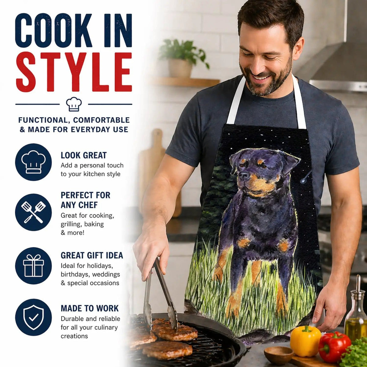 Kitchen Apron | Bib Style Unisex | 27"W x 30"H | Starry Night Rottweiler