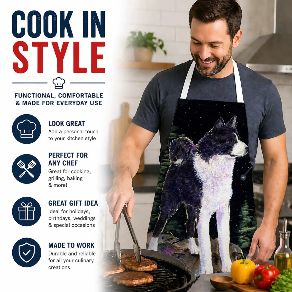 Kitchen Apron | Bib Style Unisex | 27"W x 30"H | Starry Night Karelian Bear Dog