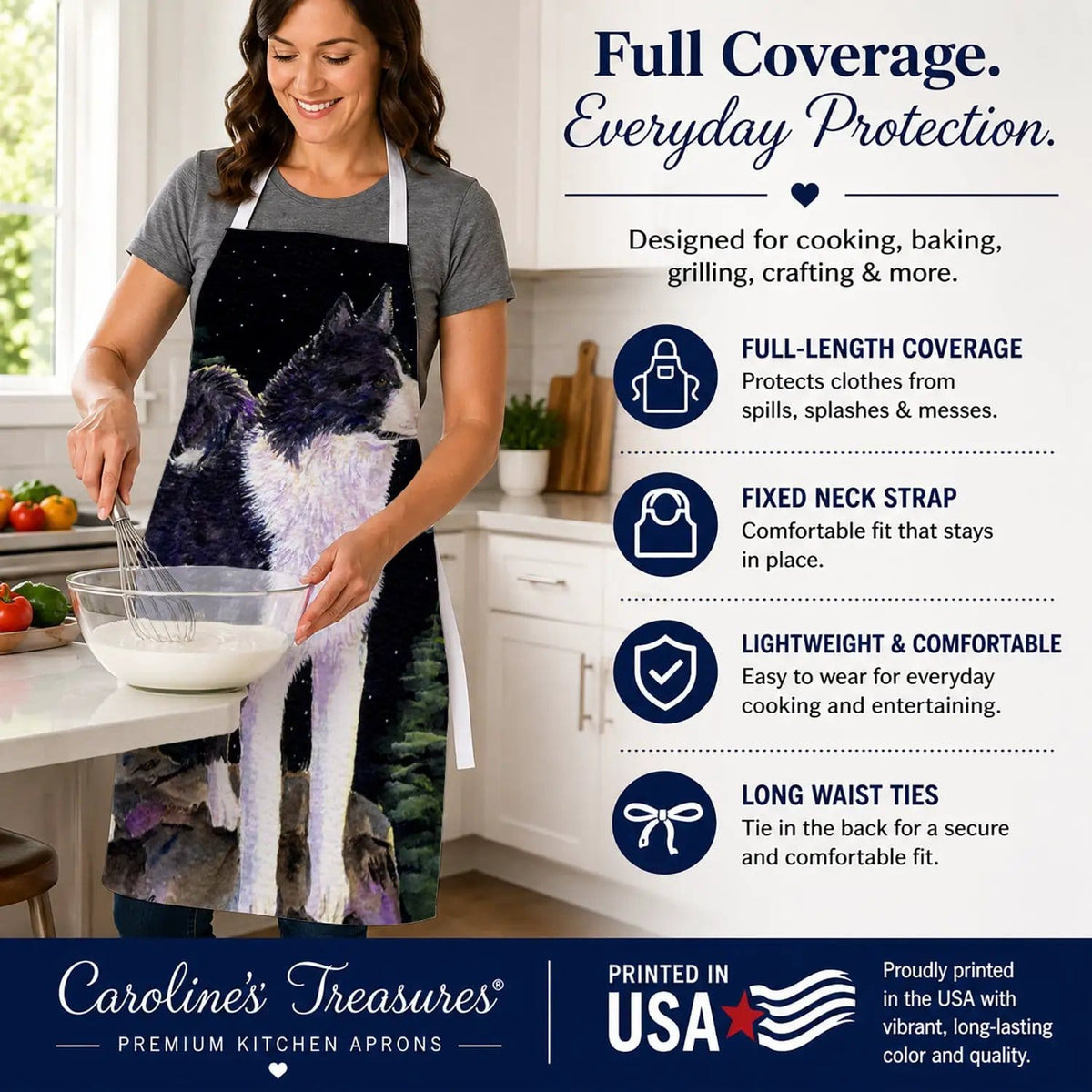 Kitchen Apron | Bib Style Unisex | 27"W x 30"H | Starry Night Karelian Bear Dog