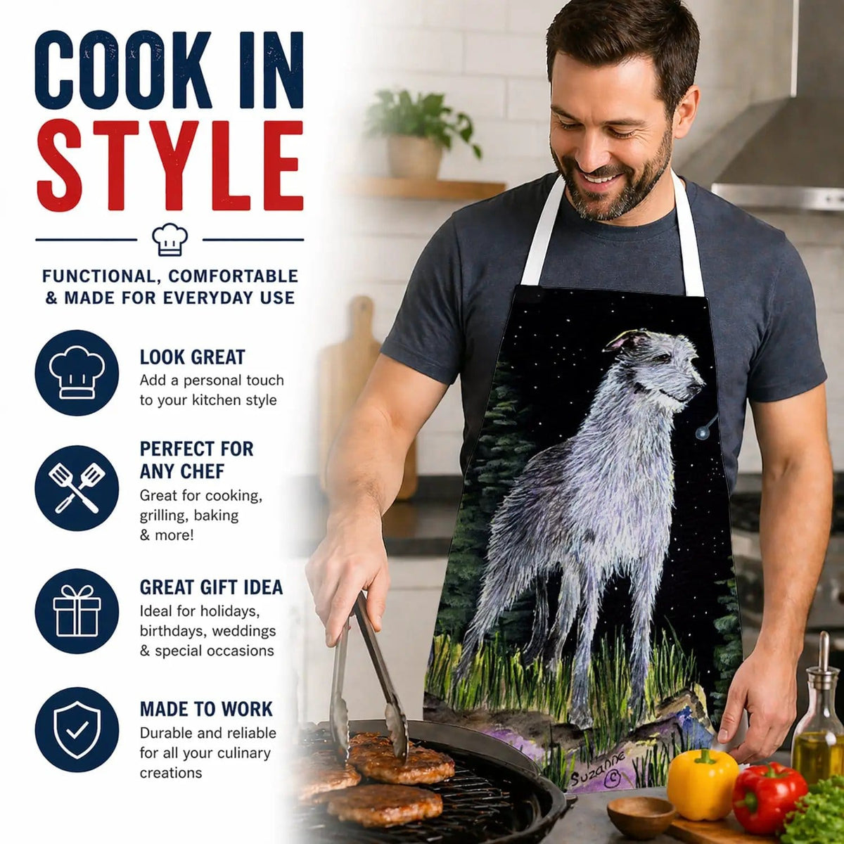 Kitchen Apron | Bib Style Unisex | 27"W x 30"H | Starry Night Scottish Deerhound