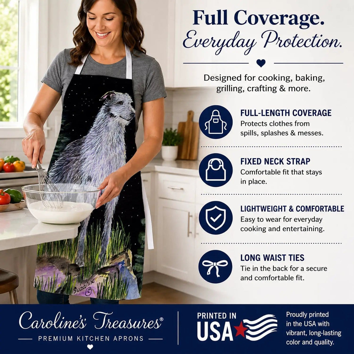 Kitchen Apron | Bib Style Unisex | 27"W x 30"H | Starry Night Scottish Deerhound