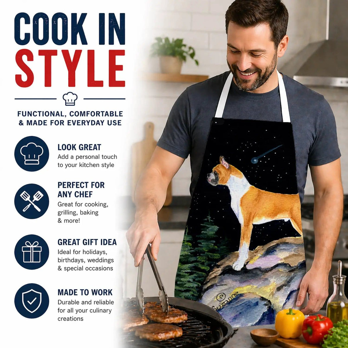 Kitchen Apron | Bib Style Unisex | 27"W x 30"H | Starry Night Boxer
