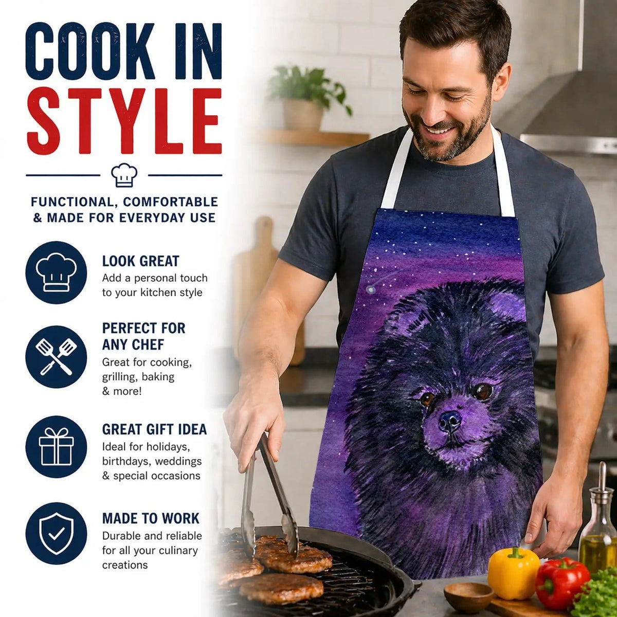 Kitchen Apron | Bib Style Unisex | 27"W x 30"H | Starry Night Pomeranian (Style 3)