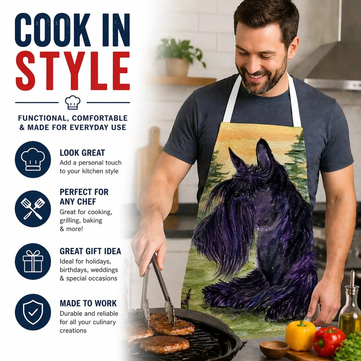 Kitchen Apron | Bib Style Unisex | 27"W x 30"H | Scottish Terrier (Style 3)