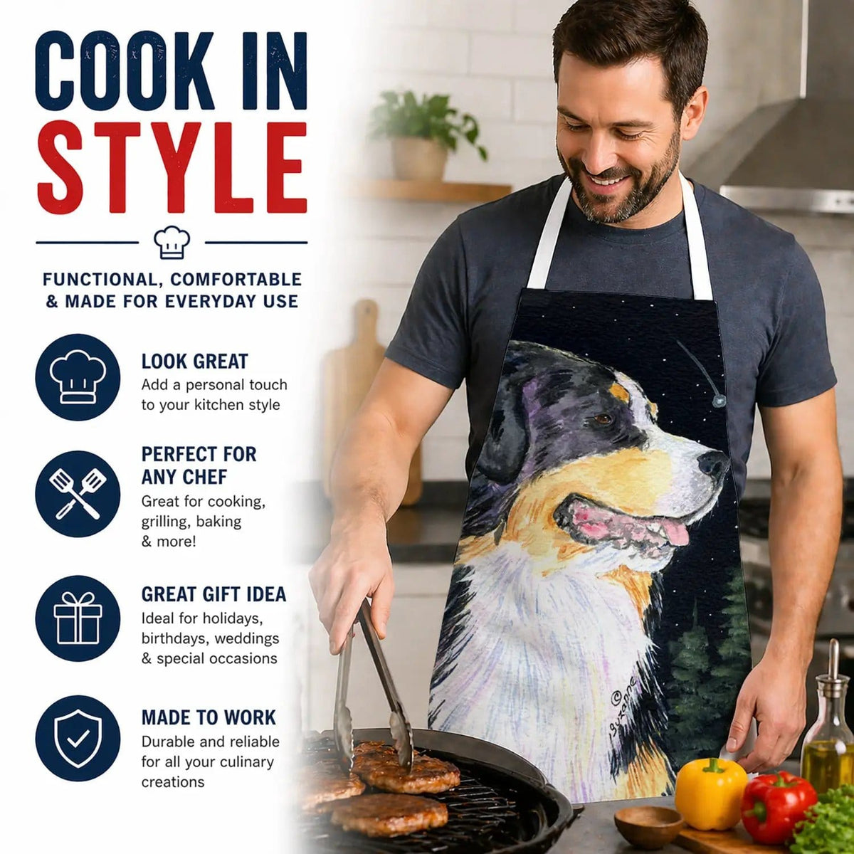 Kitchen Apron | Bib Style Unisex | 27"W x 30"H | Starry Night Bernese Mountain Dog (Style 3)