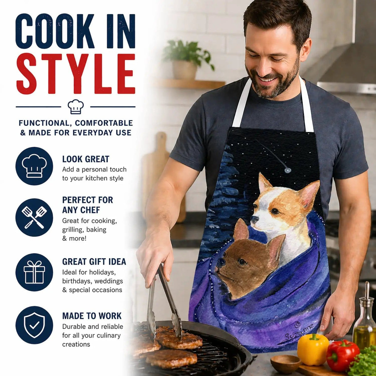 Kitchen Apron | Bib Style Unisex | 27"W x 30"H | Starry Night Chihuahua (Style 4)