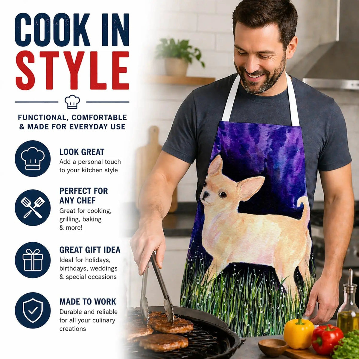 Kitchen Apron | Bib Style Unisex | 27"W x 30"H | Starry Night Chihuahua (Style 2)