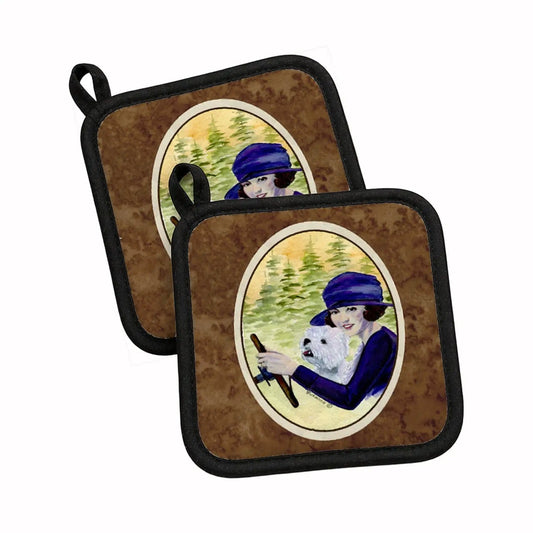 Pot Holder Set of 2 | Heat Resistant Quilted Hot Pads | 7.5 x 7.5 Inch | Woman driving with her Westie