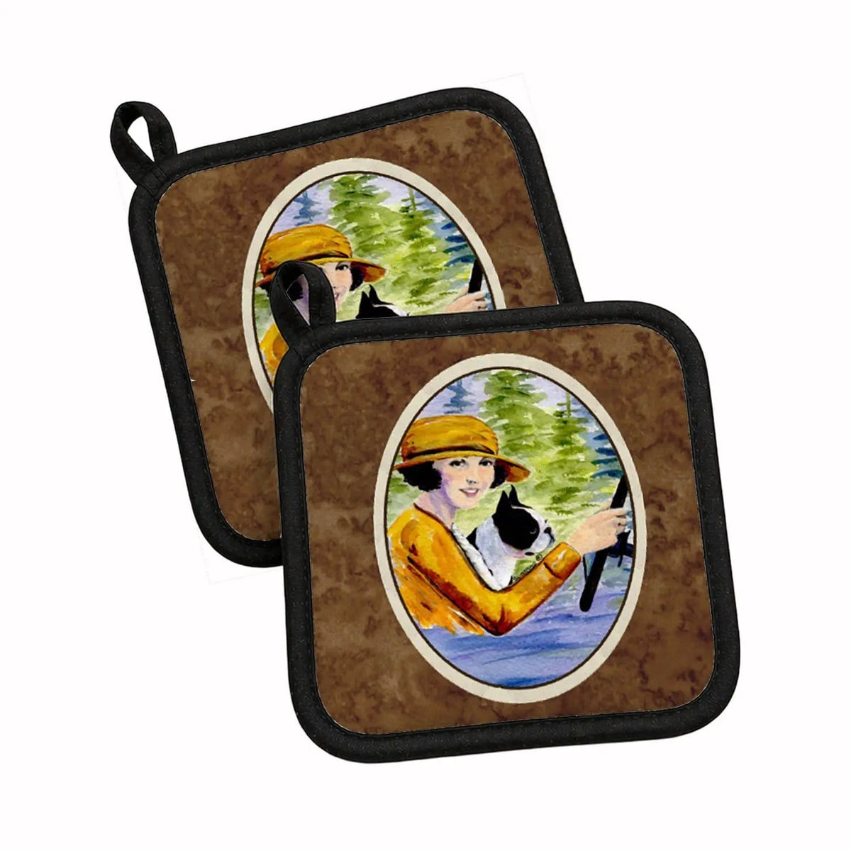 Pot Holder Set of 2 | Heat Resistant Quilted Hot Pads | 7.5 x 7.5 Inch | Woman driving with her Boston Terrier