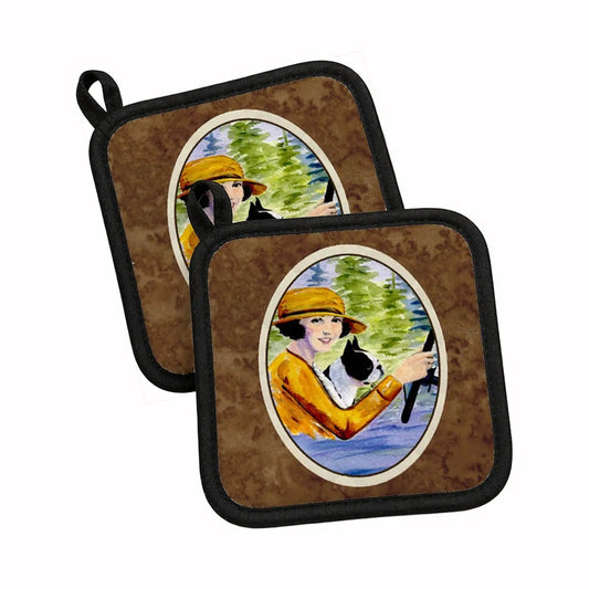 Pot Holder Set of 2 | Heat Resistant Quilted Hot Pads | 7.5 x 7.5 Inch | Woman driving with her Boston Terrier
