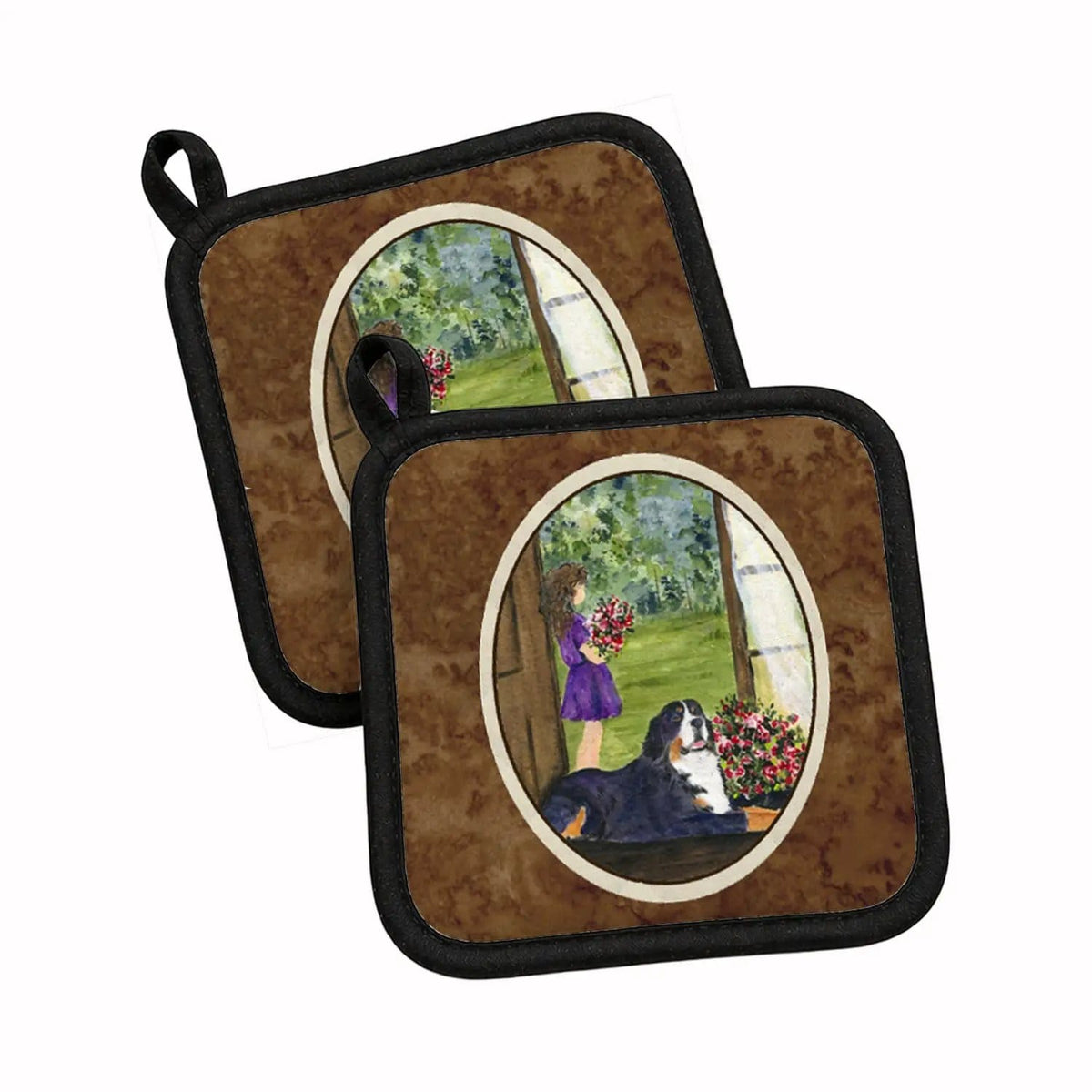 Pot Holder Set of 2 | Heat Resistant Quilted Hot Pads | 7.5 x 7.5 Inch | Little Girl with her Bernese Mountain Dog