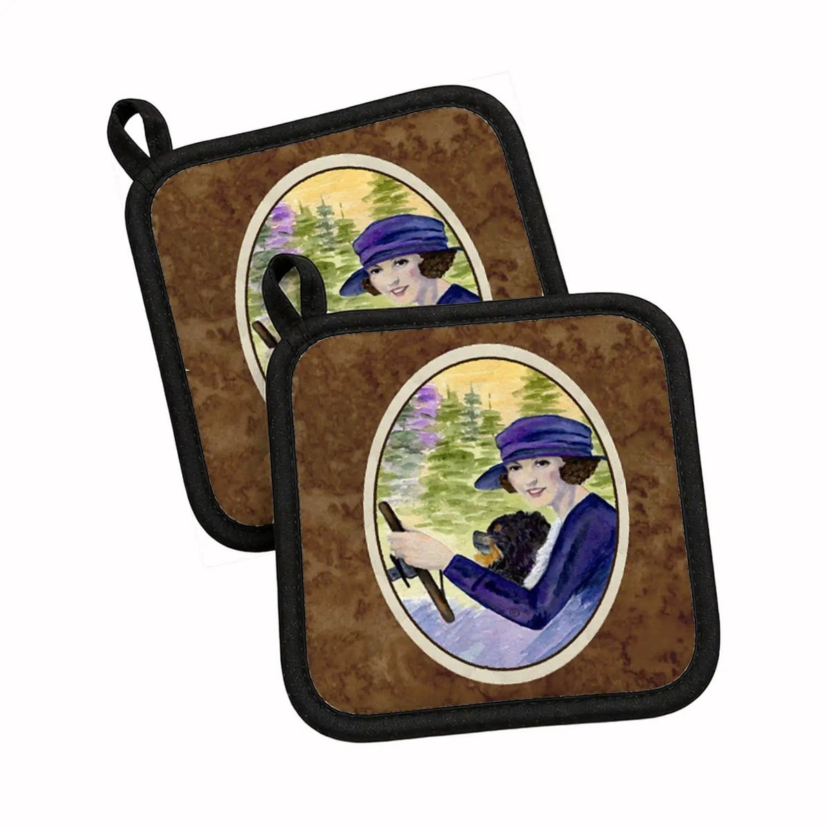 Pot Holder Set of 2 | Heat Resistant Quilted Hot Pads | 7.5 x 7.5 Inch | Lady driving with her Pomeranian