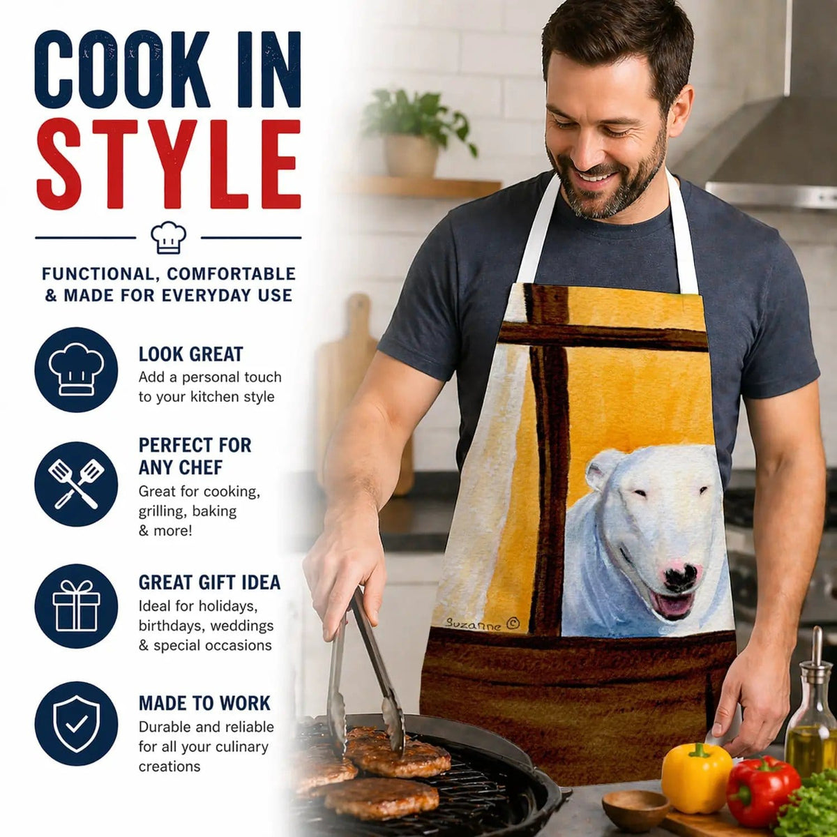 Kitchen Apron | Bib Style Unisex | 27"W x 30"H | Bull Terrier