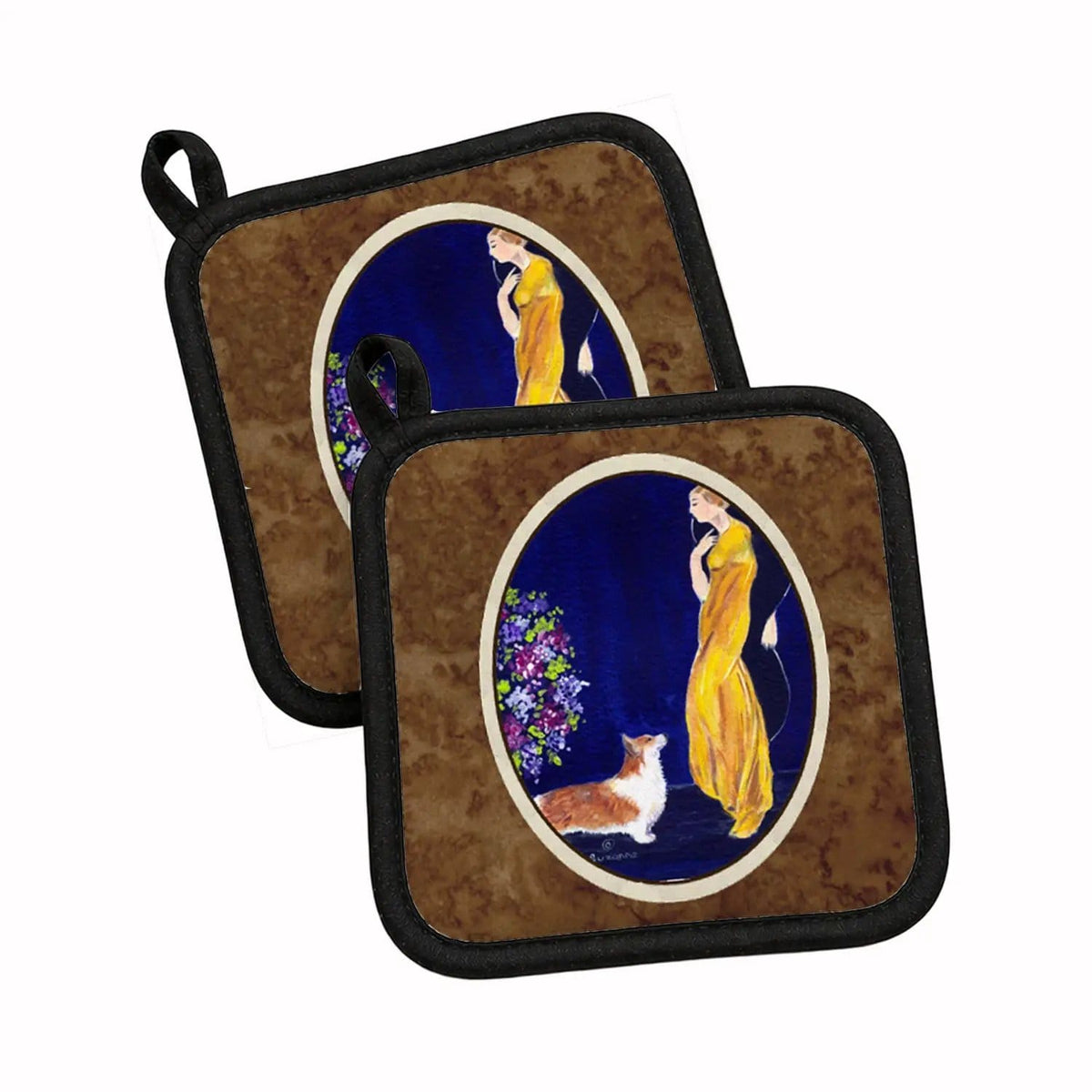 Pot Holder Set of 2 | Heat Resistant Quilted Hot Pads | 7.5 x 7.5 Inch | Lady with her Corgi