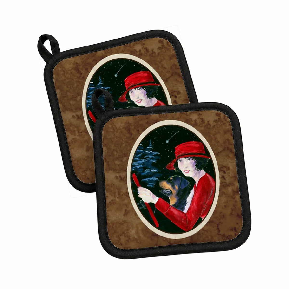 Pot Holder Set of 2 | Heat Resistant Quilted Hot Pads | 7.5 x 7.5 Inch | Lady driving with her Rottweiler