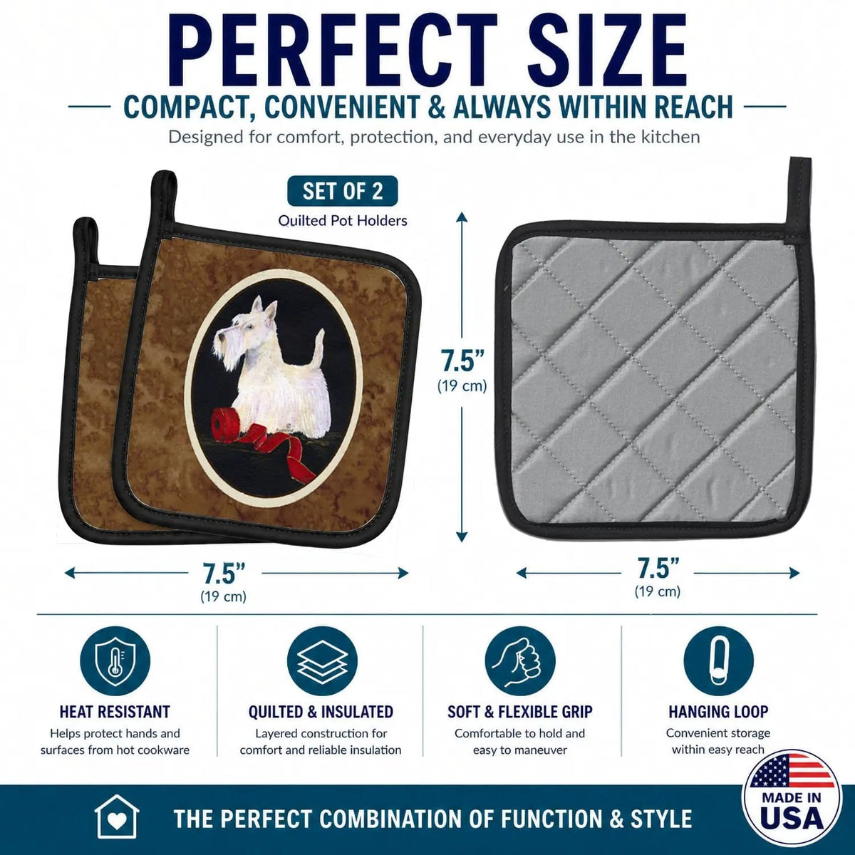 Pot Holder Set of 2 | Heat Resistant Quilted Hot Pads | 7.5 x 7.5 Inch | Scottish Terrier (Style 2)
