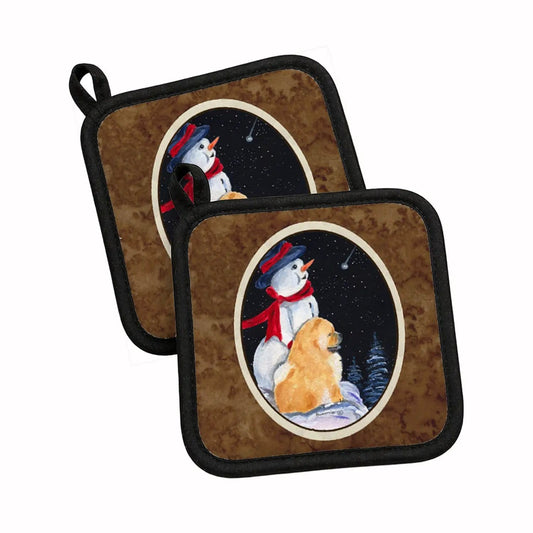 Pot Holder Set of 2 | Heat Resistant Quilted Hot Pads | 7.5 x 7.5 Inch | Snowman with Chow Chow