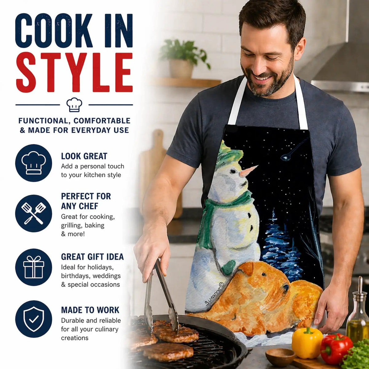 Kitchen Apron | Bib Style Unisex | 27"W x 30"H | Snowman with Lakeland Terrier