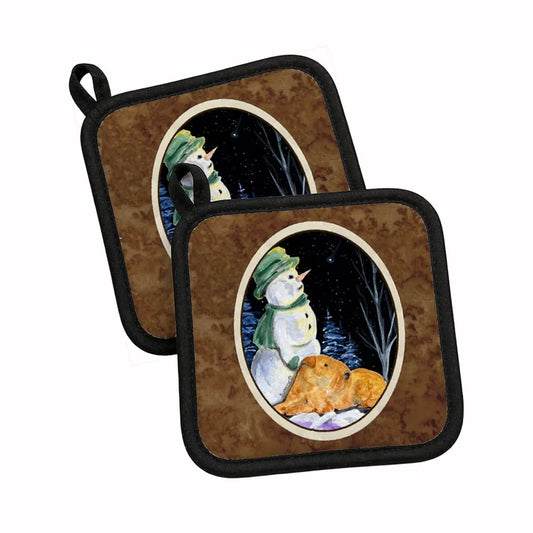 Pot Holder Set of 2 | Heat Resistant Quilted Hot Pads | 7.5 x 7.5 Inch | Snowman with Lakeland Terrier