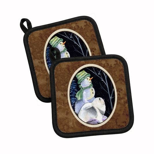 Pot Holder Set of 2 | Heat Resistant Quilted Hot Pads | 7.5 x 7.5 Inch | Snowman with Keeshond