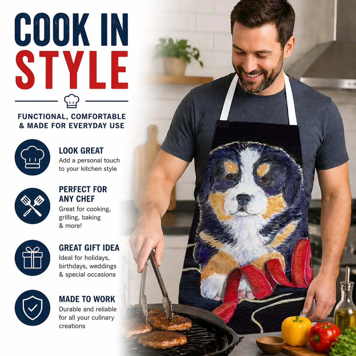 Kitchen Apron | Bib Style Unisex | 27"W x 30"H | Bernese Mountain Dog (Style 5)