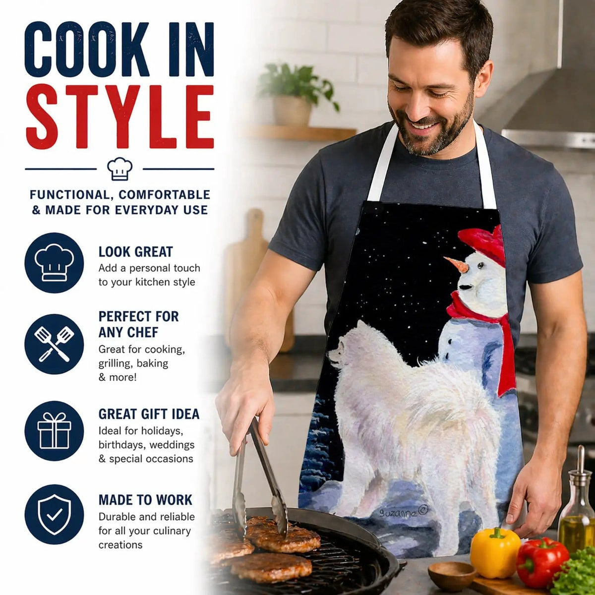 Kitchen Apron | Bib Style Unisex | 27"W x 30"H | Samoyed (Style 2)