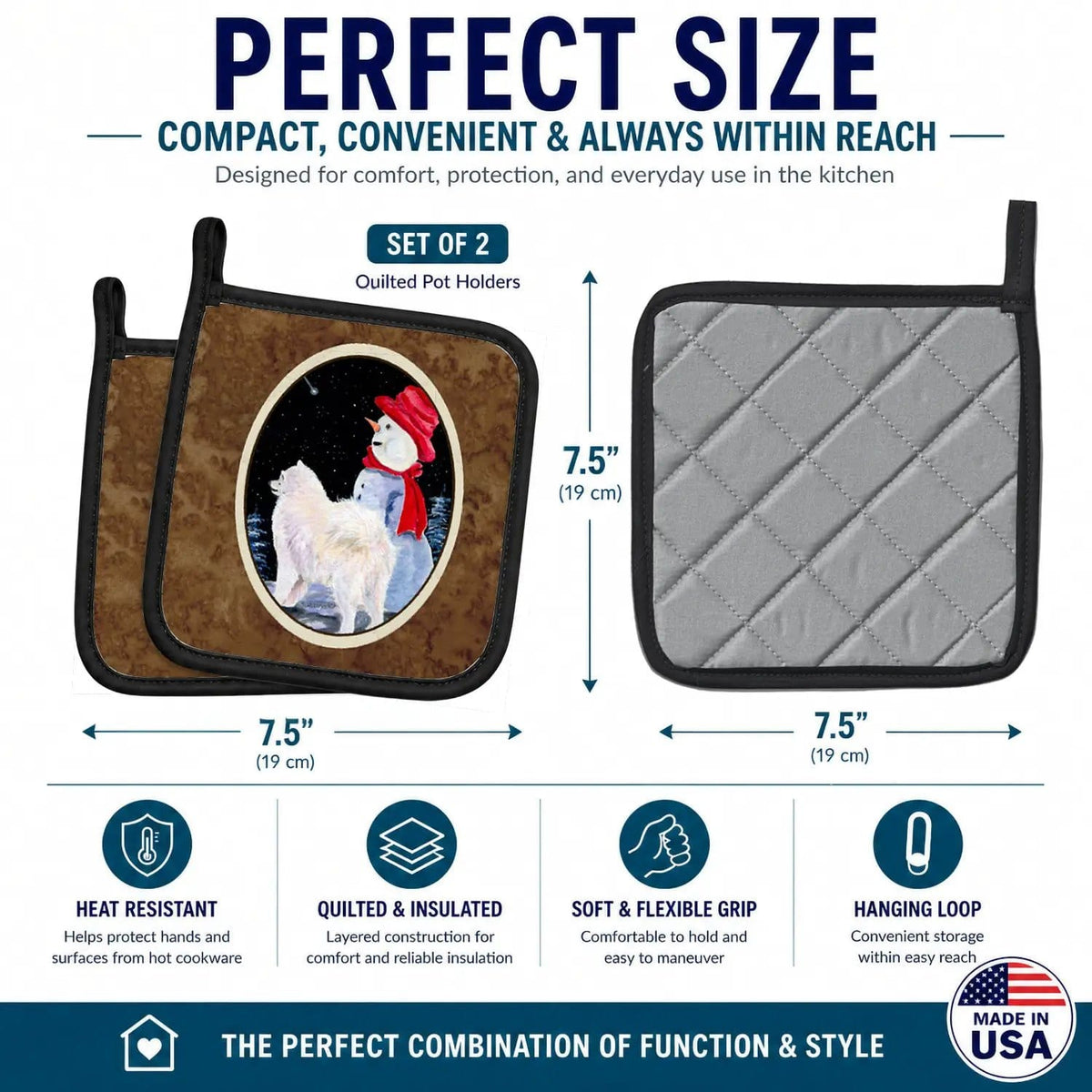 Pot Holder Set of 2 | Heat Resistant Quilted Hot Pads | 7.5 x 7.5 Inch | Samoyed (Style 2)