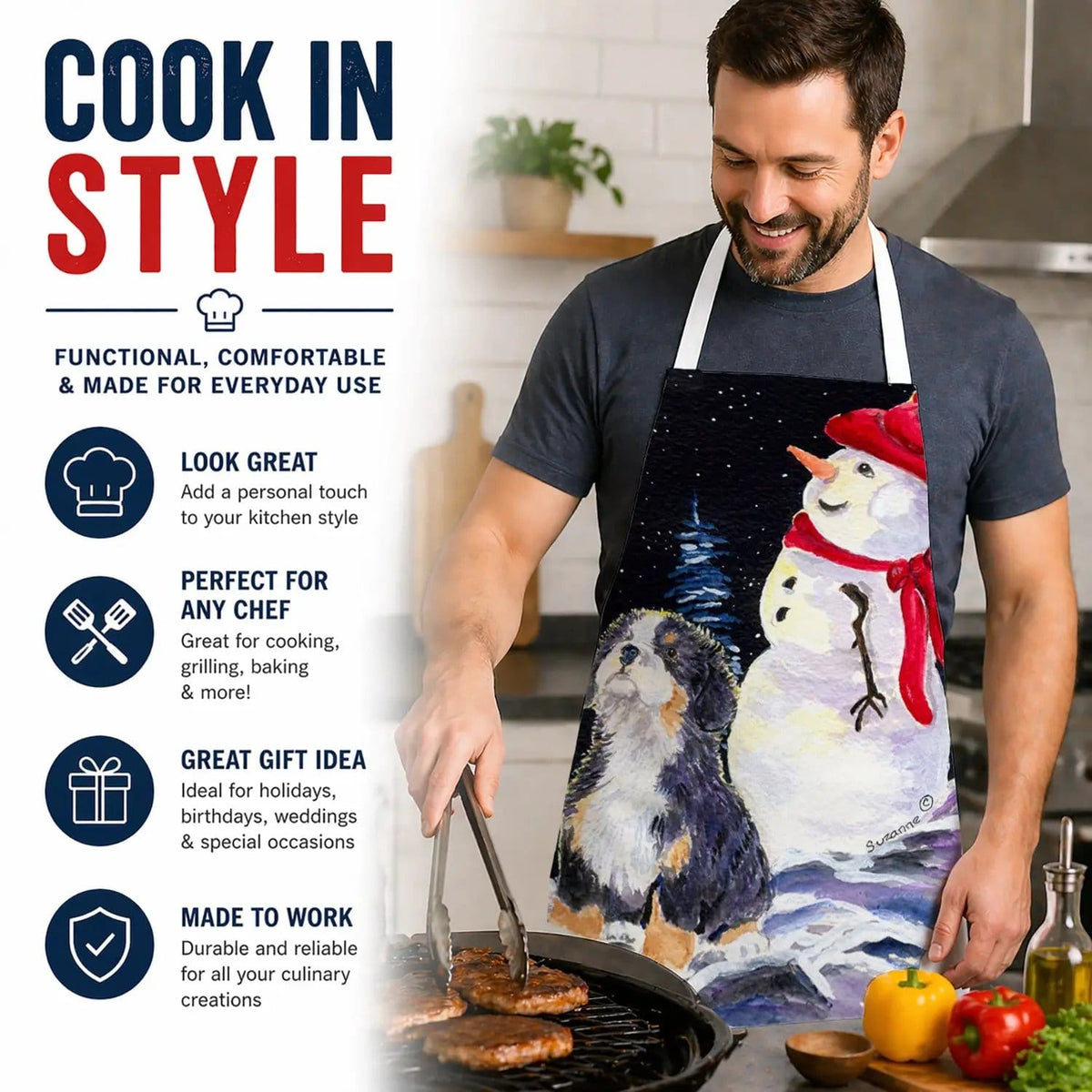 Kitchen Apron | Bib Style Unisex | 27"W x 30"H | Bernese Mountain Dog (Style 2)